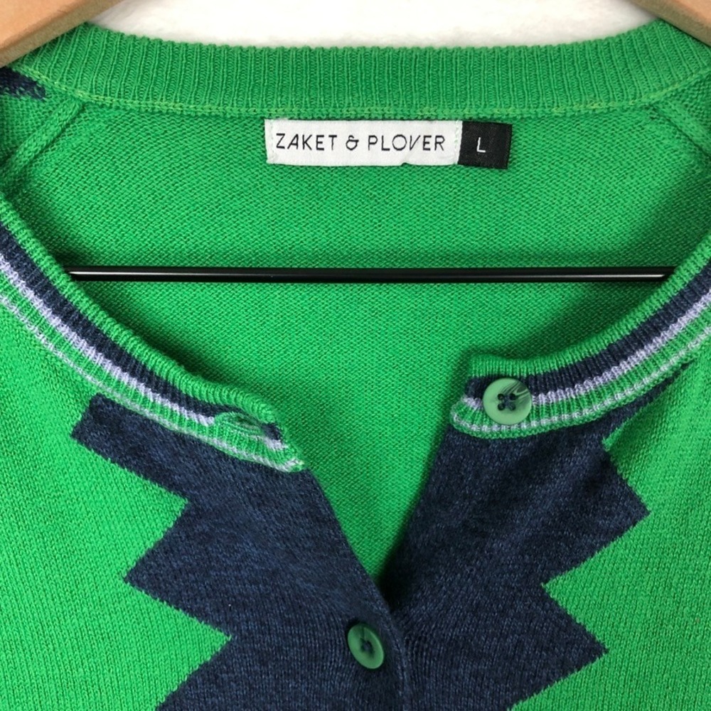 Zaket & Plover Cashmere Cotton Zigzag Intarsia Cardigan Sweater Women's L Green - Picture 4 of 11